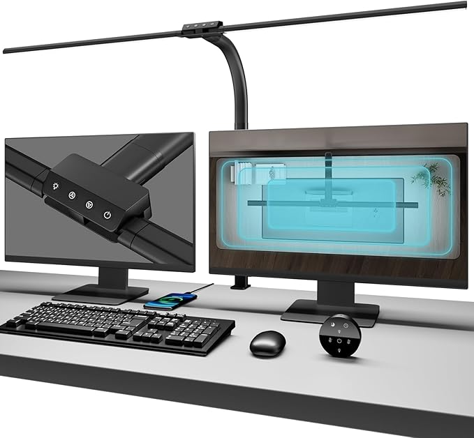 Double Head Desk Light with Clamp, LED Desk Lamp with Remote Control, Tall Double Head Desk Lamp with Clamp, 10 Brightness Modes & 10Colors, Adjustable Desk Light for Work & Study-DeskLoop Office