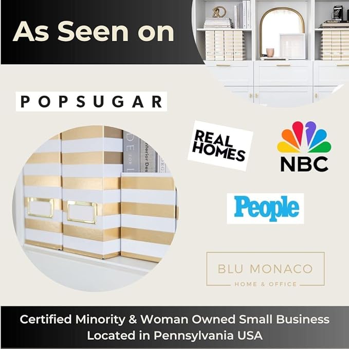 BLU MONACO Set of 4 Gold & White Striped Magazine File Boxes with Gold Label Holders – Stylish File Organizer Box for Desk, Office Supplies, File Folder Holder, and Book Organizer-DeskLoop Office