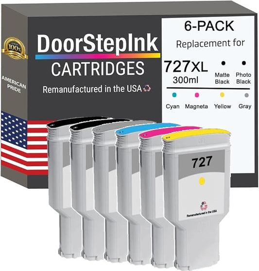DoorStepInk Remanufactured in The USA Ink Cartridge Replacements for HP 727 300ml 6-PK B C M Y PBK G for Printers DesignJet T1500 T2500 T920 T930-DeskLoop Office
