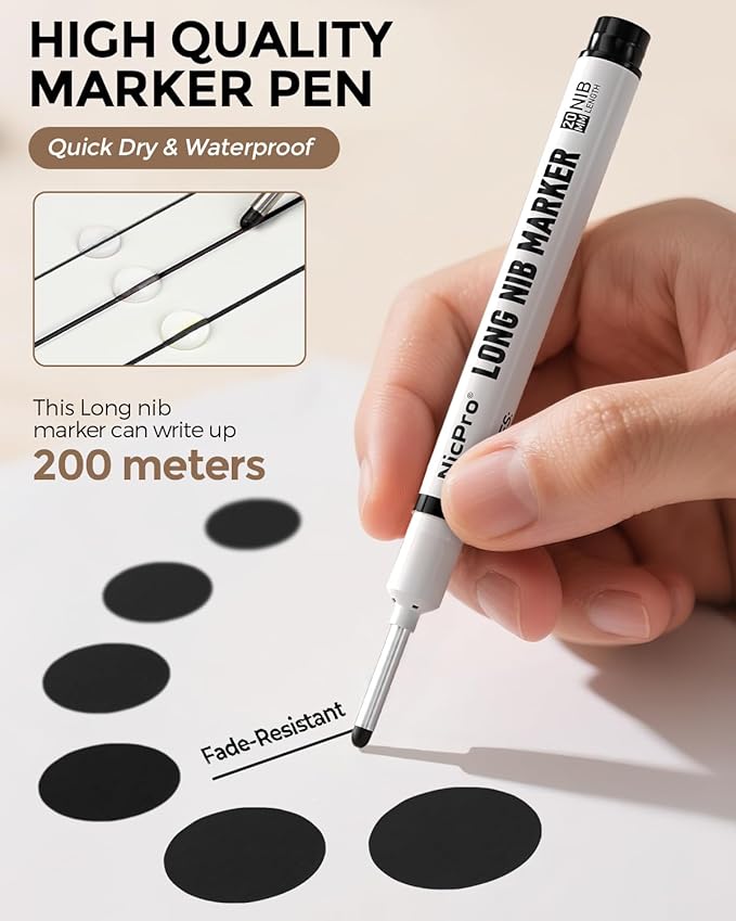 Nicpro 72 PCS Long Nib Marker Pens, 20mm Deep Hole Markers Bulk, Quick Dry & Waterproof Construction Marker, Long Head Mark Pens for Metal, Steel, Tile, Glass, Carpenter Marking Tool for Woodworking-DeskLoop Office