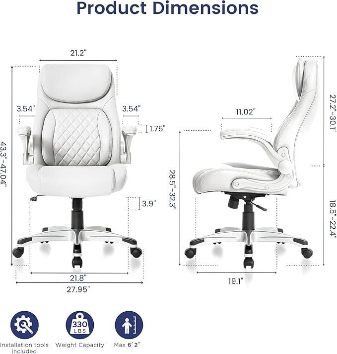 Nouhaus Ergonomic Office Chair Premium Microfiber Leather Adjustable Lumbar Support & Armrests, High Back Comfy Desk Gaming Chairs Executive Computer Swivel Chair Tilt Function(Posture,White)-DeskLoop Office