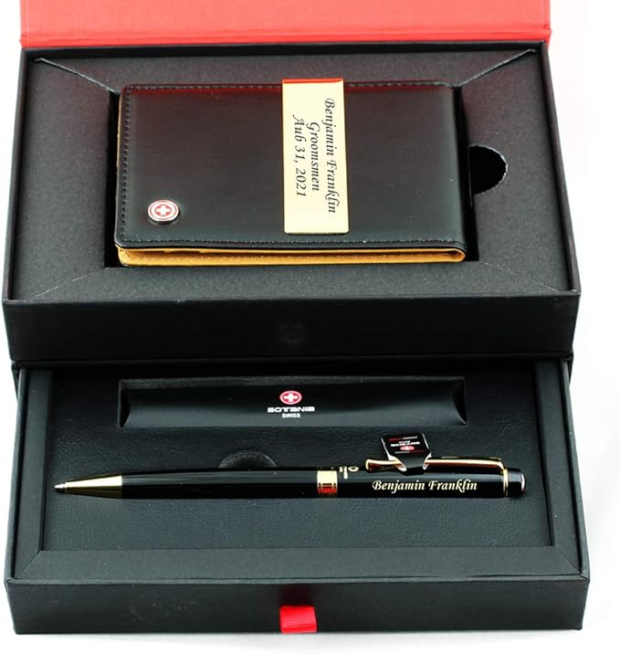 Free engraving - 24K Gold, Mens Leather Money Clips, Roller Ballpen, Ballpoint pen, Ball pen, Groomsmen Gift,Three Lines Each 20 Characters, Free Customization (BLACK)-DeskLoop Office