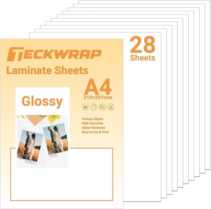 TECKWRAP Laminating Sheets Clear Laminate Sheets Sticker Paper for Inkjet Printer Clear Vinyl for Printable Vinyl Sticker Paper Photo Paper 8.26" x 11.69" A4 28 Sheets, Glossy-DeskLoop Office