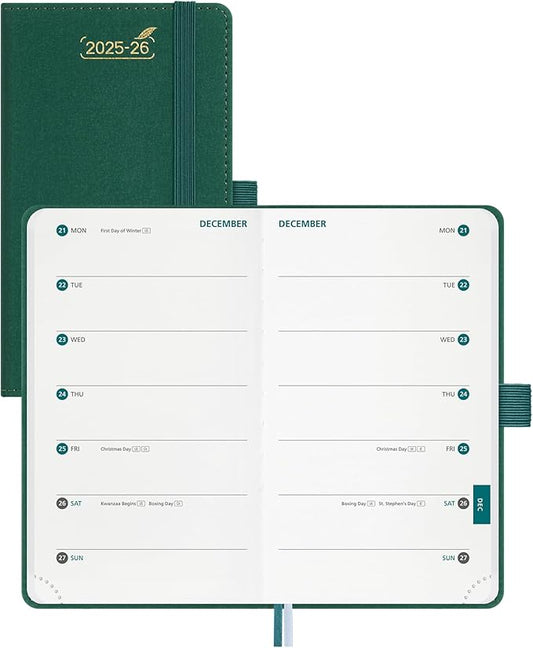 BEZEND Pocket Planner 2025-2026 Weekly with 2 Columns, 18-Month Academic Calendar (Jul 25-Dec 26), Life Work Appointment, Storage Pocket, Pen Holder, PU Leather Hardcover 3.5" x 6" - Evergreen-DeskLoop Office
