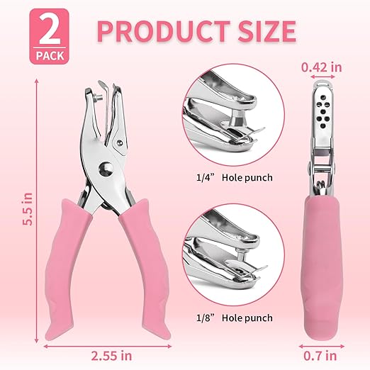 Single Hole Punch, 2 Pcs Hand Hole Puncher with Soft Grip Handle, 1/4" and 1/8" Small Hole Paper Punch for Crafts, Scrapbooks, 6 Sheets Capacity, Tags, Tickets - Pink-DeskLoop Office