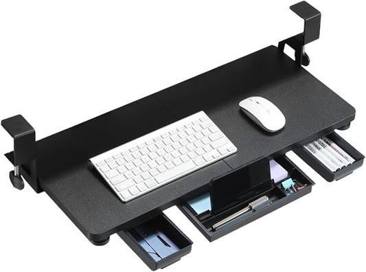 Keyboard Tray Under Desk with Drawer,26.77" X 11.81" Keyboard Tray Large Size with C Clamp-on Mount, Easy to Install, Save Space for Office Desk (Black)-DeskLoop Office