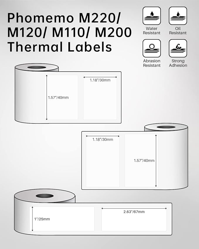 Phomemo Labels Set, M220 M110 M108 M250 M260 M150 M221 M120 M200 Label Maker Tape,Black on White Thermal Paper Self-Adhesive Stickers, Include 1.57'' x 1.18'',1.96'' x 1.18'',1" x 2-5/8"-DeskLoop Office
