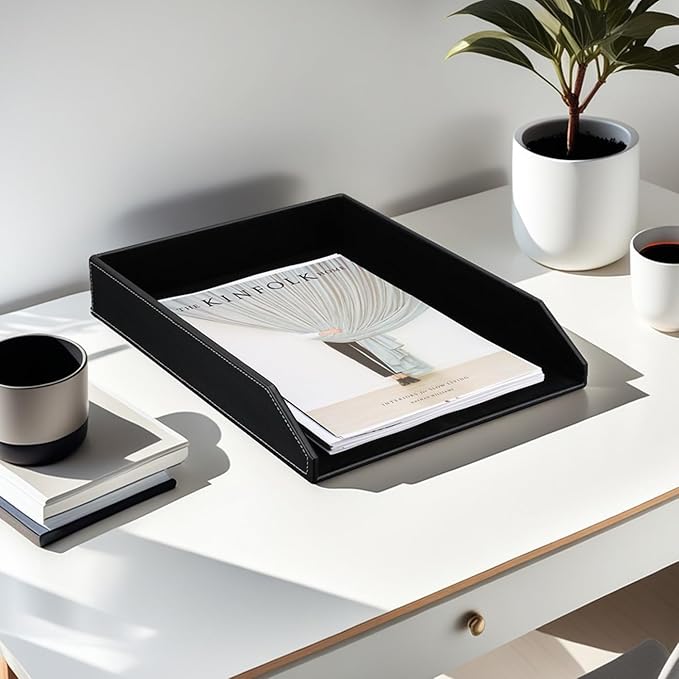 KINGFOM Letter Tray, PU Leather Paper Organizer Tray for Desk, Paper Organizer Storage Holder for Office Home or School A4 Size Black-DeskLoop Office