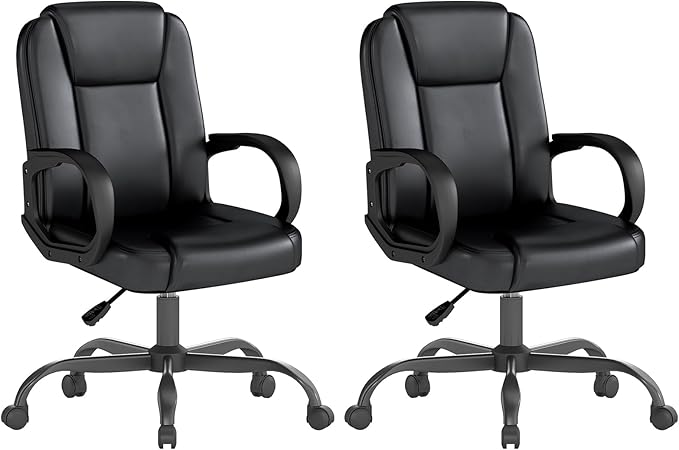 ZZH Executive Office Chair, Leather Desk Computer Chair with Armrests, Mid-Back Swivel Adjustable for Home Office, 2PC, Black-DeskLoop Office