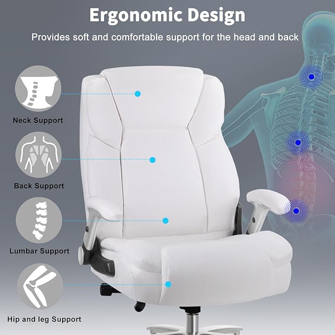 Big and Tall Office Chair 600lbs, Ergonomic Heavy Duty Executive Office Chair, High Back Office Leather Chair with Adjustable Armrests and Lumbar Support, White Big Tall Chair for Heavy People-DeskLoop Office