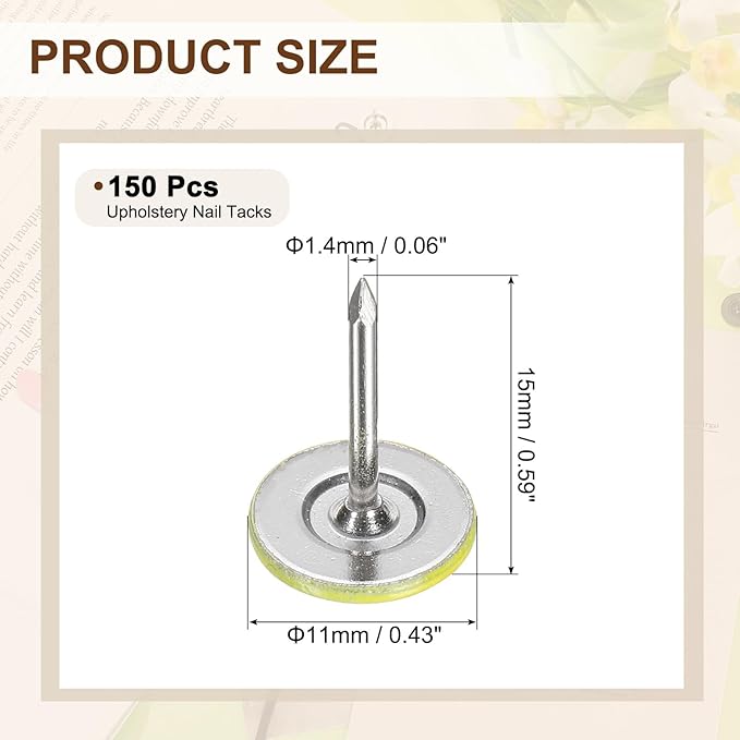 uxcell 150Pcs Upholstery Tacks, 11mmx15mm Flat Head Thumb Tack Decorative Furniture Nails Push Pins for Furniture Sofa Headboards, Light Yellow-DeskLoop Office