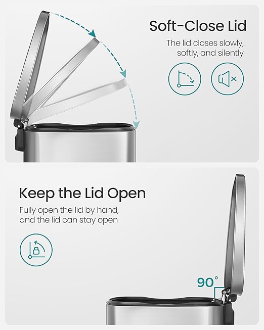 SONGMICS 13 Gallon (50 L) Trash Can, Stainless Steel Kitchen Garbage Can, Recycling or Waste Bin, Soft Close, Step-On Pedal, Removable Inner Bucket, Silver ULTB050E01-DeskLoop Office