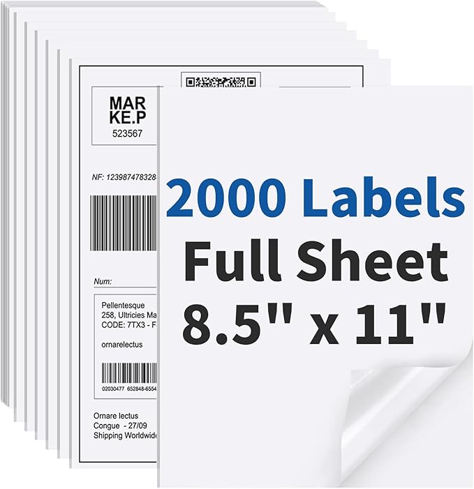 2000 Sheets Sticker Paper Matte White, 8.5" x 11" Label Paper for Laser & Inkjet Printer, Full Sheet Label for Shipping Address Mailing-DeskLoop Office