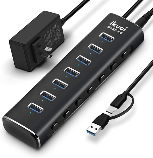 Powered USB 3.0 /USB C Hub, ikuai Aluminium 7-Port USB Hub Splitter with AC Adapter LED Individual On/Off Switches and 3.3ft Extended Long Cable for Laptop, Mac, PC, Flash Drive, Mobile HDD-DeskLoop Office