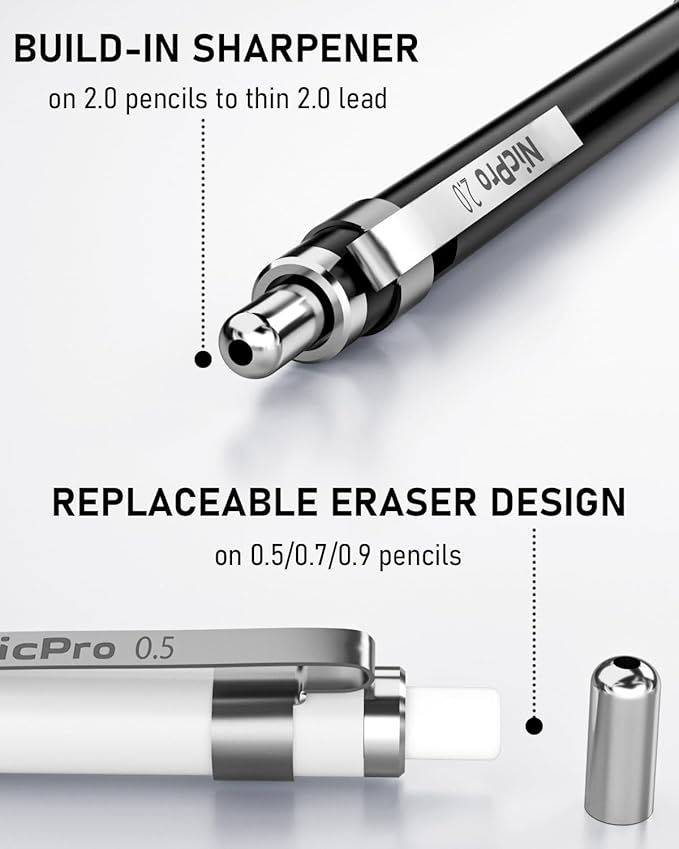 Nicpro 38PCS Art Mechanical Pencils Set in Leather Case, 3 PCS Metal Drafting Pencil 0.5, 0.7, 0.9 mm & 5 PCS 2mm Lead Holder (6B 4B 2B HB 2H 4H Colors) For Sketching Drawing With 20 Tube Lead Refills-DeskLoop Office