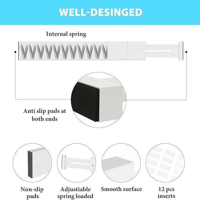 6 Pack Bamboo Drawer Dividers with 12 Inserts, Expandable Adjustable Clothes Drawer Organizers and Storage from 17" to 22" for Kitchen, Bedroom, Dresser, Cosmetics (White)-DeskLoop Office
