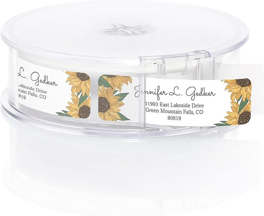 Illustrated Sunflower Rolled Address Labels/Roll of 250 Floral Garden Personalized Address Labels/Designer Return Address Stickers in Elegant Plastic Dispenser-DeskLoop Office
