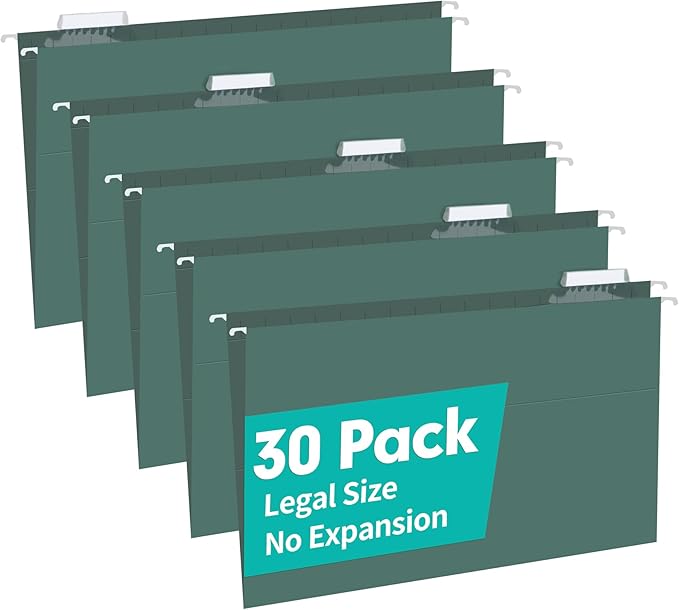 HERKKA Hanging File Folders, 30 Pack Reinforced Legal Size Hanging Folders with Heavy Duty 0 Inch Expansion, Designed for Bulky Files, Medical Charts, Adjustable Tabs, Green-DeskLoop Office