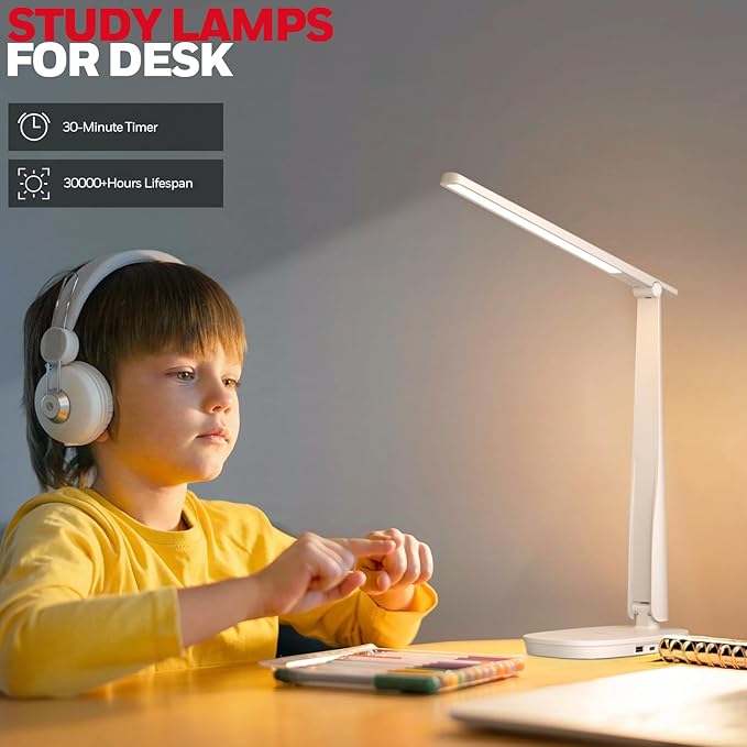 HONEYWELL Desk Lamp for Home Office, Dimmable LED Desk Light with USB A+C Dual Charging, 4 Modes Brightness Touch Lamp with Timer, Eye Caring Foldable Reading Light, Table Lamp for Study Nightstand-DeskLoop Office