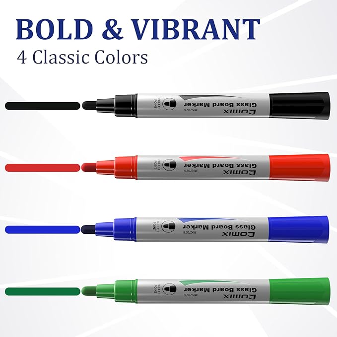 Comix Glass Board Dry Erase Markers, Low Odor Whiteboard Markers, Bullet Tip, 4 Assorted Colors, 12 Pack-DeskLoop Office