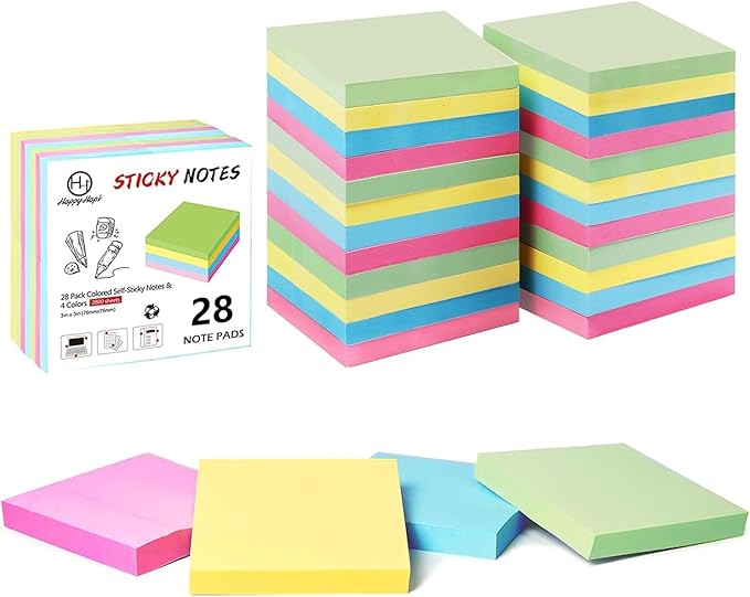 HappyHapi Sticky Notes 3x3 Inches Bulk 28 Pack 2800 Sheets Colored Self-Stick Pads, 100 Sheets/Pad, 4 Bright Colors (Yellow, Green, Pink, Blue) for Office Supplies, School, Home-DeskLoop Office