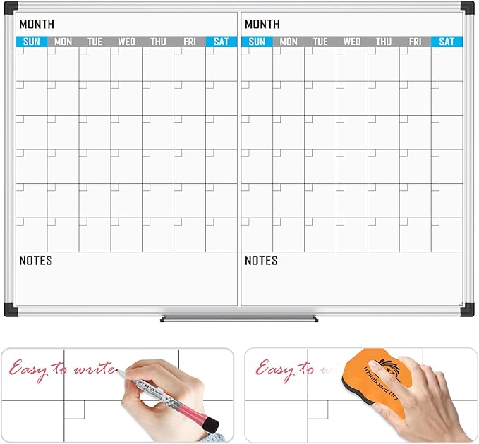 XBoard Magnetic Calendar Whiteboard 48" x 36" - 2 Month Dry Erase Board, White Board + Colorful Calendar Board, Silver Aluminium Framed Monthly Planning Board-DeskLoop Office