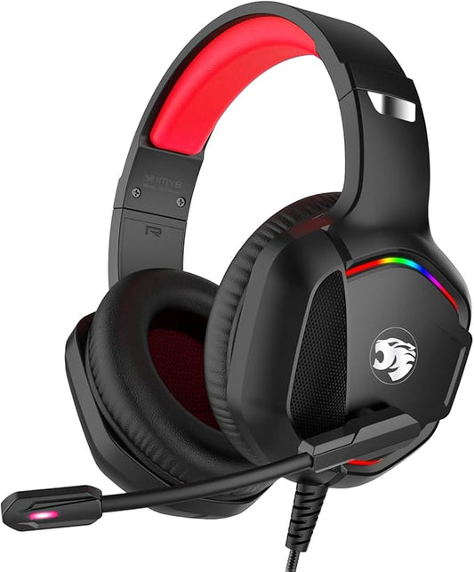 Gaming Headset with Microphone for Pc, Xbox One Series X/s, Ps4, Ps5, Switch, Stereo Wired Noise Cancelling Over-Ear Headphones with Mic, RGB, for Computer, Laptop, Mac, Nintendo, Gamer (Red)-DeskLoop Office