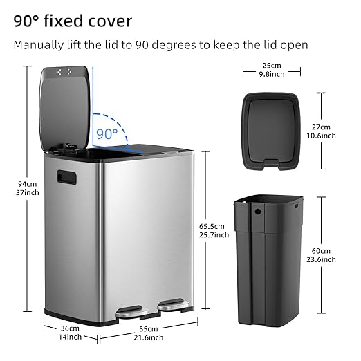 KUK 60 Liter / 16 Gallon Dual Trash Can with Lid, Stainless Steel Kitchen Step Garbage Can, 2 x 8 Gal Double Compartment Classified Rubbish Bin with 2 Plastic Inner Buckets Silver-DeskLoop Office