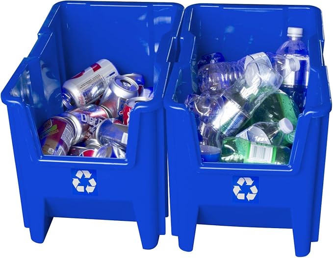 Commercial Industrial Heavy Duty Stackable Open-Front Recycling Bin Box Containers, 7 Gallon, 4 Pack, Blue-DeskLoop Office