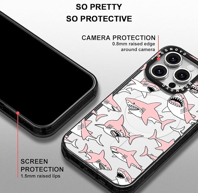 MOSNOVO Magnetic Case for iPhone 16 Pro, 10ft Military-Grade Protection, Compatible with Magsafe, Shockproof Phone Case for iPhone 16 Pro - Pink Sharks - Clear Black-DeskLoop Office
