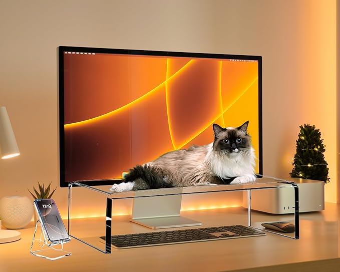 Clear Acrylic Monitor Stand Riser 20", Laptop Keyboard Cover cat Proof, Keyboard Protector Anti-Cat Prevent Cats from Touching Keyboard, Clear Monitor Riser for Keyboard Storage-DeskLoop Office