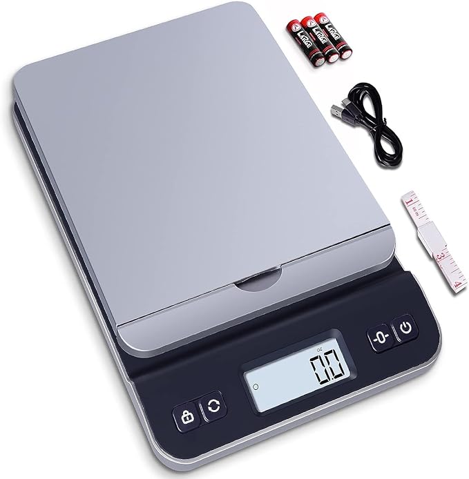 QP Shipping Scale, 86lb/0.1oz High Accuracy Digital Postal Scale for Packages, Hold/Tare Function, Backlit LCD Display, Flip-up Holder, Postage Scale, Mail Scale, Battery & Tape Measure Included-DeskLoop Office