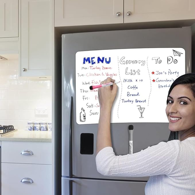 Magnetic Dry Erase Board Fridge Whiteboard Sheet 12"x 8", Easy to Write and Clean, Small Refrigerator White Board for Home Kitchen Shopping List & to Do List, 2 Markers and Eraser with Magnets