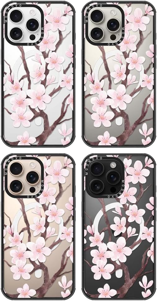 MOSNOVO Magnetic Case for iPhone 16 Pro Max, 10ft Military-Grade Protection, Compatible with Magsafe, Shockproof Phone Case for iPhone 16 Pro Max - Cherry Blossom - Clear Black-DeskLoop Office
