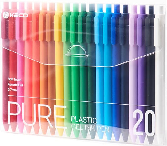 Kaco PURE Gel Pens 20 Pieces 0.7mm Assorted Color Ink Aesthetic Journaling Pens Cute, Retractable, Soft Touch Barrel, Quick Drying-DeskLoop Office