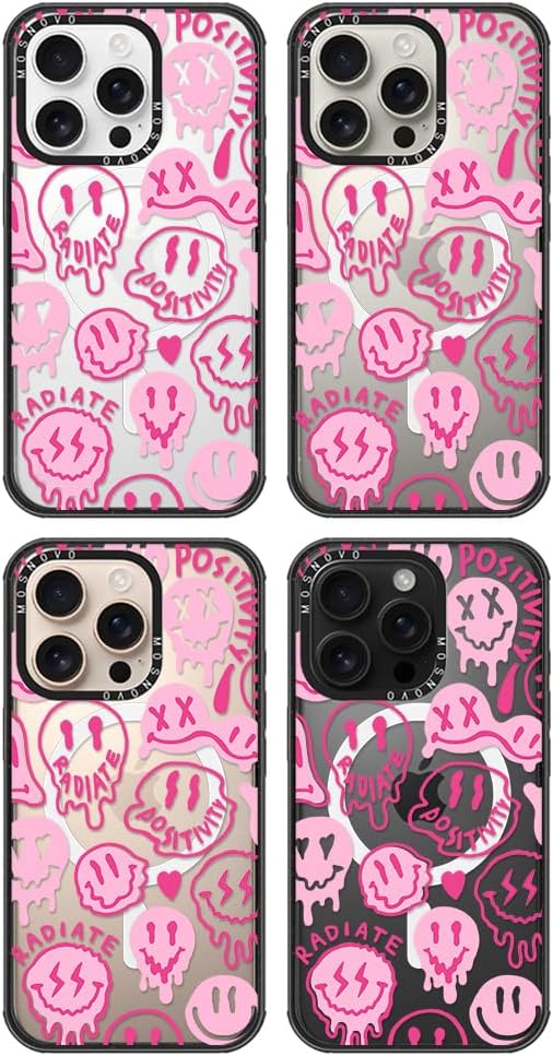 MOSNOVO Magnetic Case for iPhone 16 Pro, 10ft Military-Grade Protection, Compatible with Magsafe, Shockproof Phone Case for iPhone 16 Pro - Pink Dripping Smiles - Clear Black-DeskLoop Office