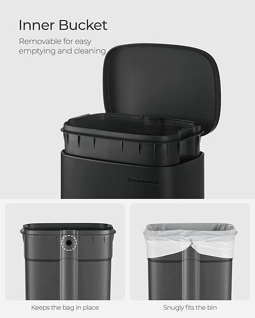 SONGMICS Trash Can with Lid, 8 Gallon Garbage Can, Stainless Steel Small Waste Bin with Step Pedal and Inner Bucket, Soft Close, Kitchen, Black ULTB102B01-DeskLoop Office