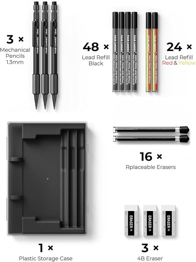 Four Candies 1.3mm Mechanical Pencil Set with 72 Lead Refill, 3PCS Metal Weatherproof Body Heavy Duty Carpenter Pencil, 3 Eraser, 16 Eraser Refill, for Outdoor Woodworking Drafting Marking with Case-DeskLoop Office