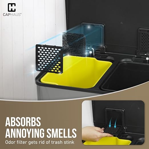 CAPHAUS Black Dual Trash Can w/Single Lid, Trash & Recycle Bins Combo, Hands-Free Stainless-Steel Garbage Can for Kitchen, with 2 Compartment, Hinged Lid, Odor Filters, Handles, 30L+30L, 2 x 8 Gal-DeskLoop Office