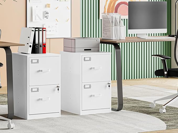 MIIIKO 2 Drawer Filing Cabinet with Lock, Metal Vertical File Cabinets for Home Office, Lockable File Storage Cabinets Under Desk, Letter/A4 File Folders Storage(White-Assembly Required