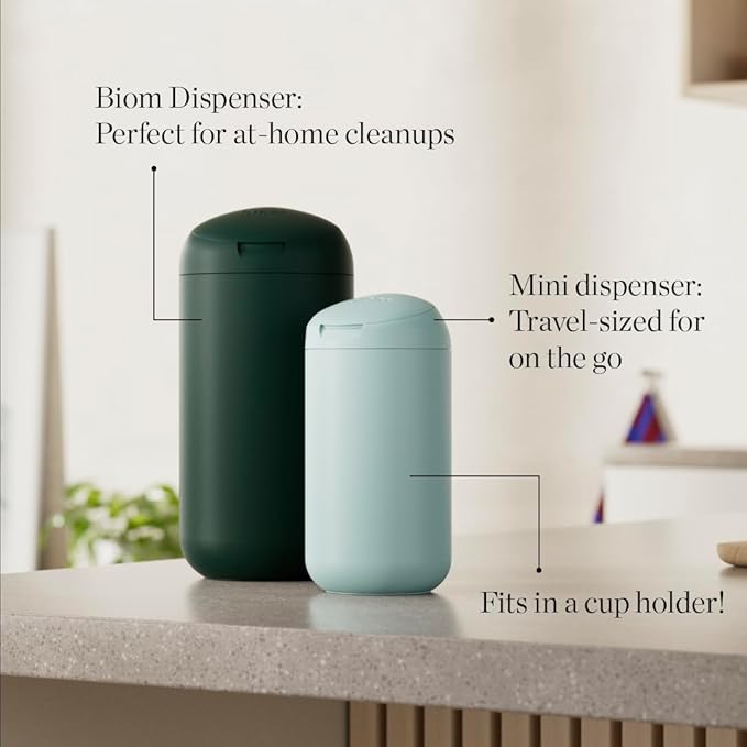 Biom Mini Dispenser + Hand Sanitizing Wipes Starter Kit - Eucalyptus Scented, Biodegradable, Kid-Safe | Fits in Cup Holder | All Natural, Plant-Based Non-Toxic Wipes with Aloe for Soft Skin (Midnight)-DeskLoop Office
