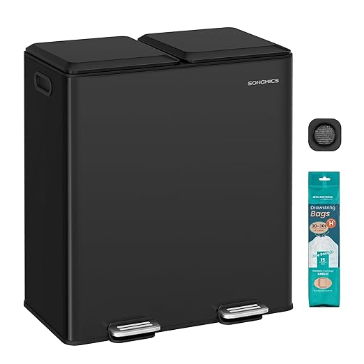 SONGMICS Trash Can, 2 x 8 Gallon (2 x 30 L) Double Garbage Can with Soft-Close Lids, Removable Inner Buckets, Pedals, Stainless Steel, for Waste and Recycling, Ink Black ULTB743B01-DeskLoop Office