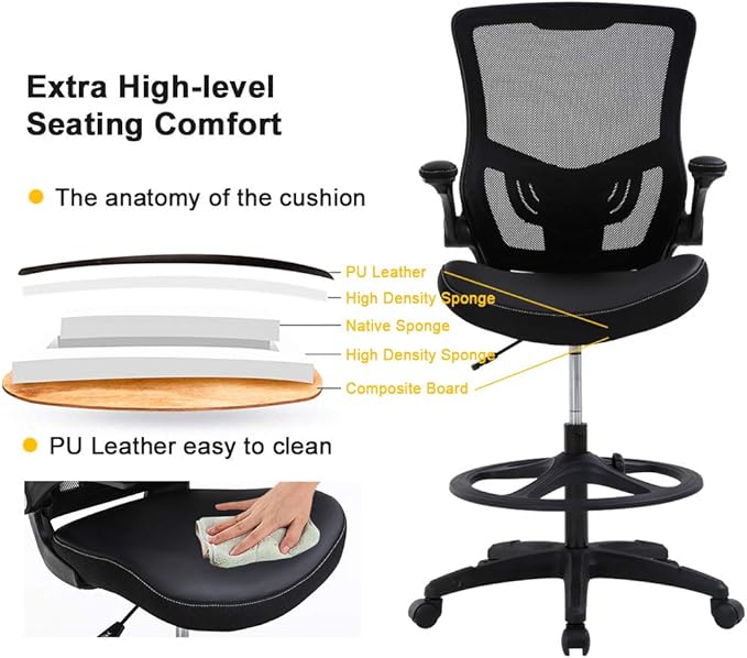 Drafting Chair Ergonomic Tall Office Chair Standing Desk Chair with Flip Up Arms Foot Rest Back Support Adjustable Height Mesh Drafting Stool, Black-DeskLoop Office