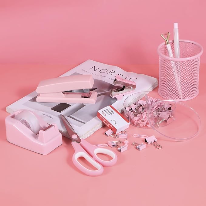 Pink Desk Accessories, Pink Office Supplies Set with Stapler, Tape Dispenser, Staple Remover, Pen Holder, Scissor, Binder/Paper Clips, Ballpoint Pen, Clear Tape and 1000pcs Staples-DeskLoop Office