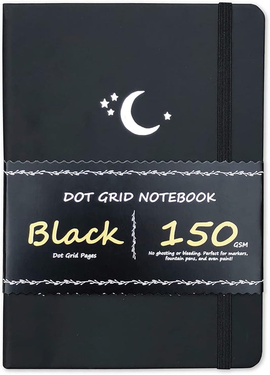 BUKE Dotted Journal - Dot Grid Notebook - 150gsm No Bleed Black Paper - 160 Black Pages - For Women and Men - A5 PU Leather Hardcover 5.75" x 8.5" and Gift Box MOON Stars(BKB-4)-DeskLoop Office