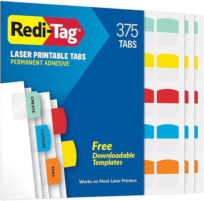 Redi-Tag Laser Printable Tabs, Permanent Index Tabs, Customizable Adhesive Labels, 5 Assorted Colors: Yellow, Red, Blue, Green, Orange, 1.125" x 1.25", 375 Per Pack (B39020)-DeskLoop Office