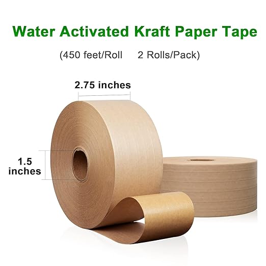 Water Activated Kraft Paper Tape – 5 Reinforced Fibers, 127gsm, 2.75" x 450ft, 2 Rolls – Heavy Duty for Shipping, Moving & Industrial Packaging-DeskLoop Office