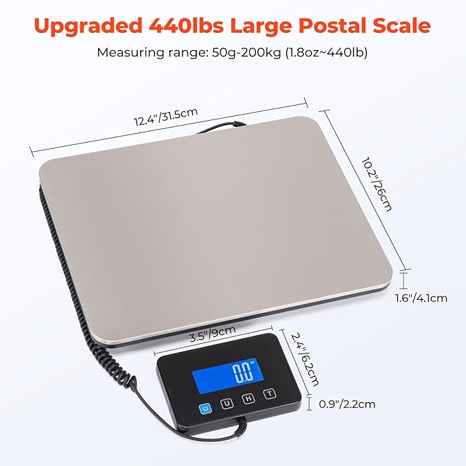 MUNBYN Shipping Scale, 440lb/1.8oz Digital Postal Scale for Packages with Hold/Tare Function, Backlit LCD, Battery & Cable Included, Postage Scale for Small Business, Packages, Luggage, and Home Use-DeskLoop Office