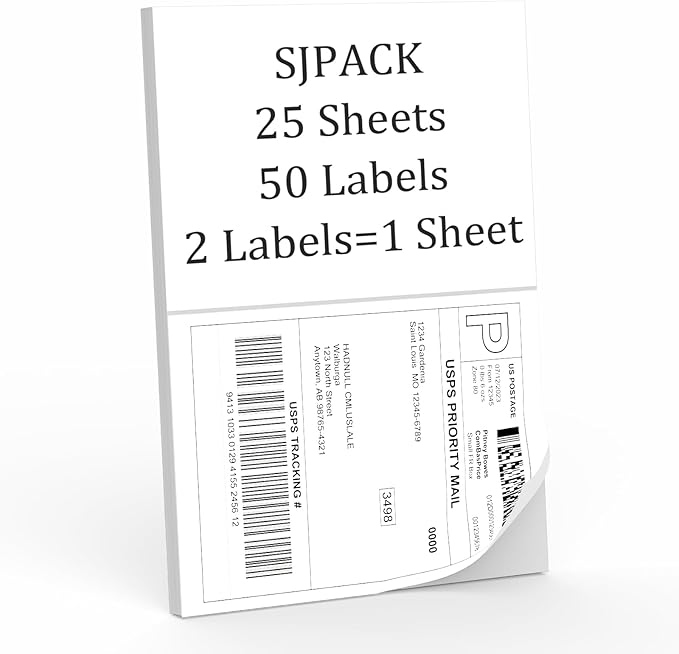 50 Half Sheet Self Adhesive Shipping Labels, 8.5" x 5.5" Address Labels for Laser & Inkjet Printers(50 labels-25 Sheet)-DeskLoop Office