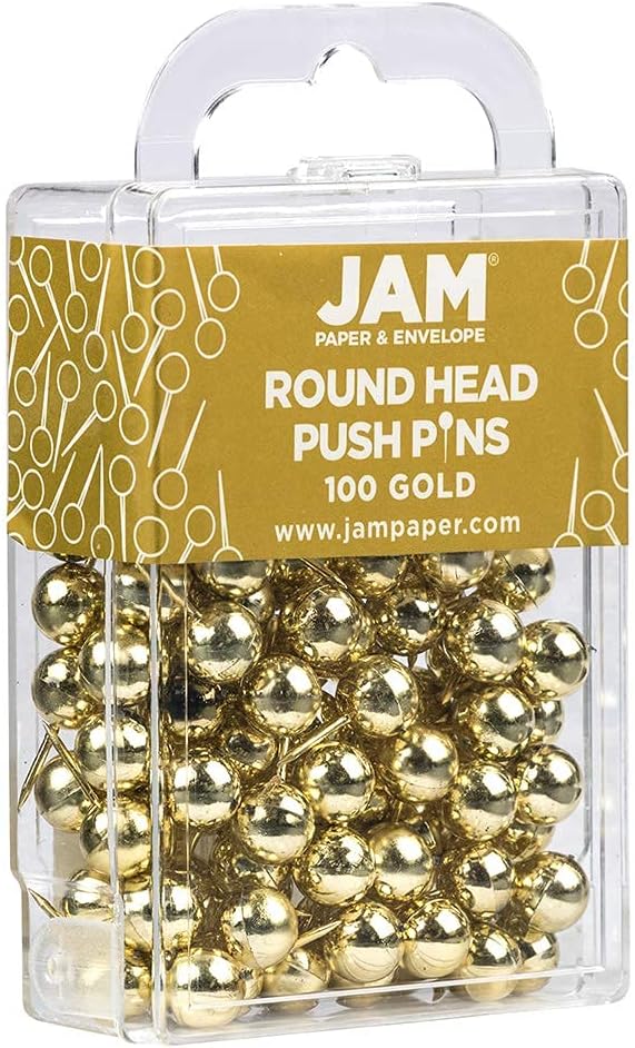JAM PAPER Colorful Push Pins - Round Head Map Thumb Tacks - Gold Pushpins - 100/Pack-DeskLoop Office